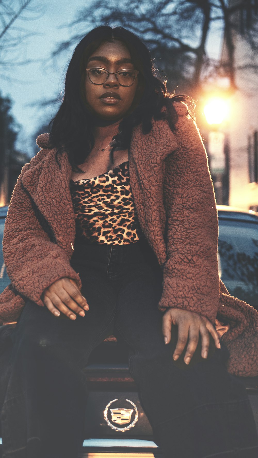 woman in brown coat sitting on car