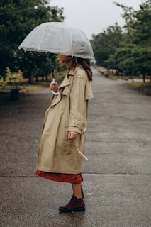A person dressed in a beige trench coat, red patterned dress, and red boots is standing on a wet pathway while holding a transparent umbrella. The scene appears to be in a park with benches and trees in the background, and it's likely raining.