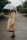 A person dressed in a beige trench coat, red patterned dress, and red boots is standing on a wet pathway while holding a transparent umbrella. The scene appears to be in a park with benches and trees in the background, and it's likely raining.