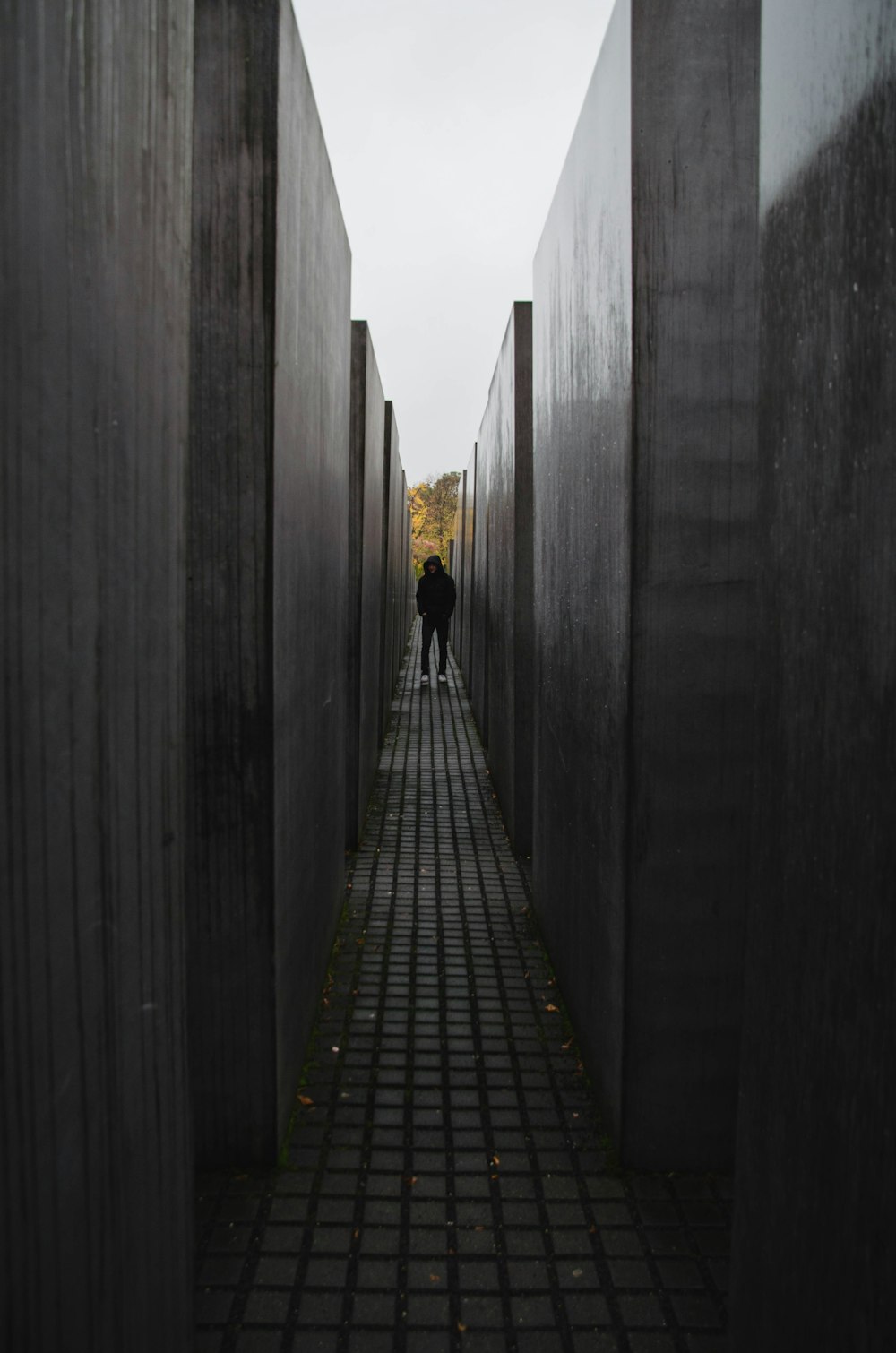 회색 콘크리트 벽 사이의 흑백 나무 통로