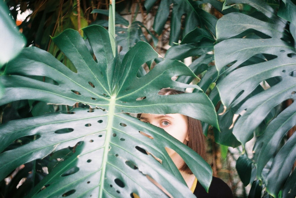 woman hiding behind green leaves