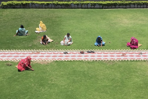 Several individuals are sitting on a vibrant green lawn, involved in gardening tasks. They are dressed in colorful traditional clothing, with shades of blue, red, pink, and yellow. A brick-patterned path runs horizontally across the center, bordered by white scalloped edges. The scene takes place under clear daylight, casting strong shadows.