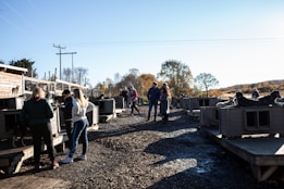 A group of people is gathered in an outdoor area with wooden platforms, likely a dog kennel or training area. Several individuals are interacting with dogs, which are resting on the platforms. The setting is bright, with a clear blue sky and a backdrop of autumn trees, indicating a rural or nature-related environment.
