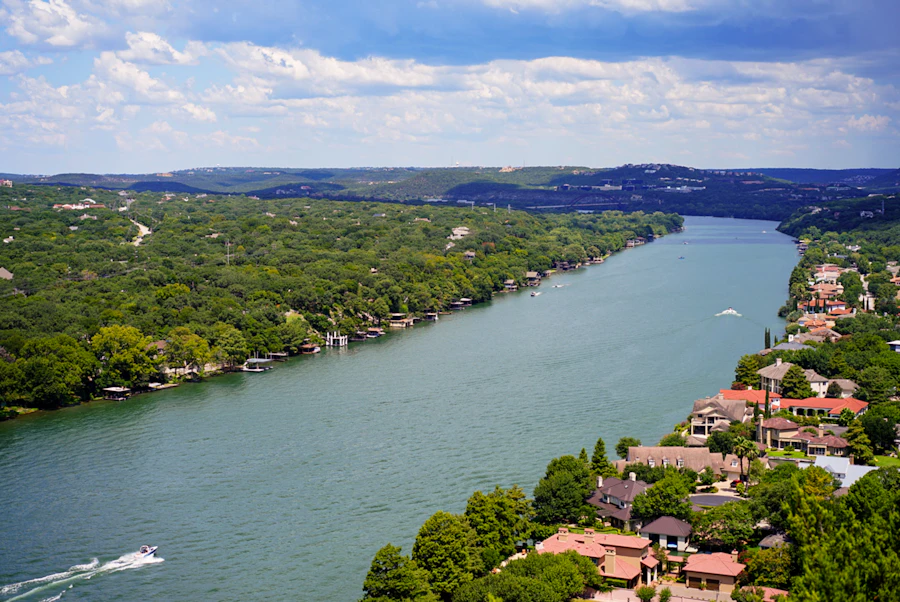 An aerial view of homes along the water