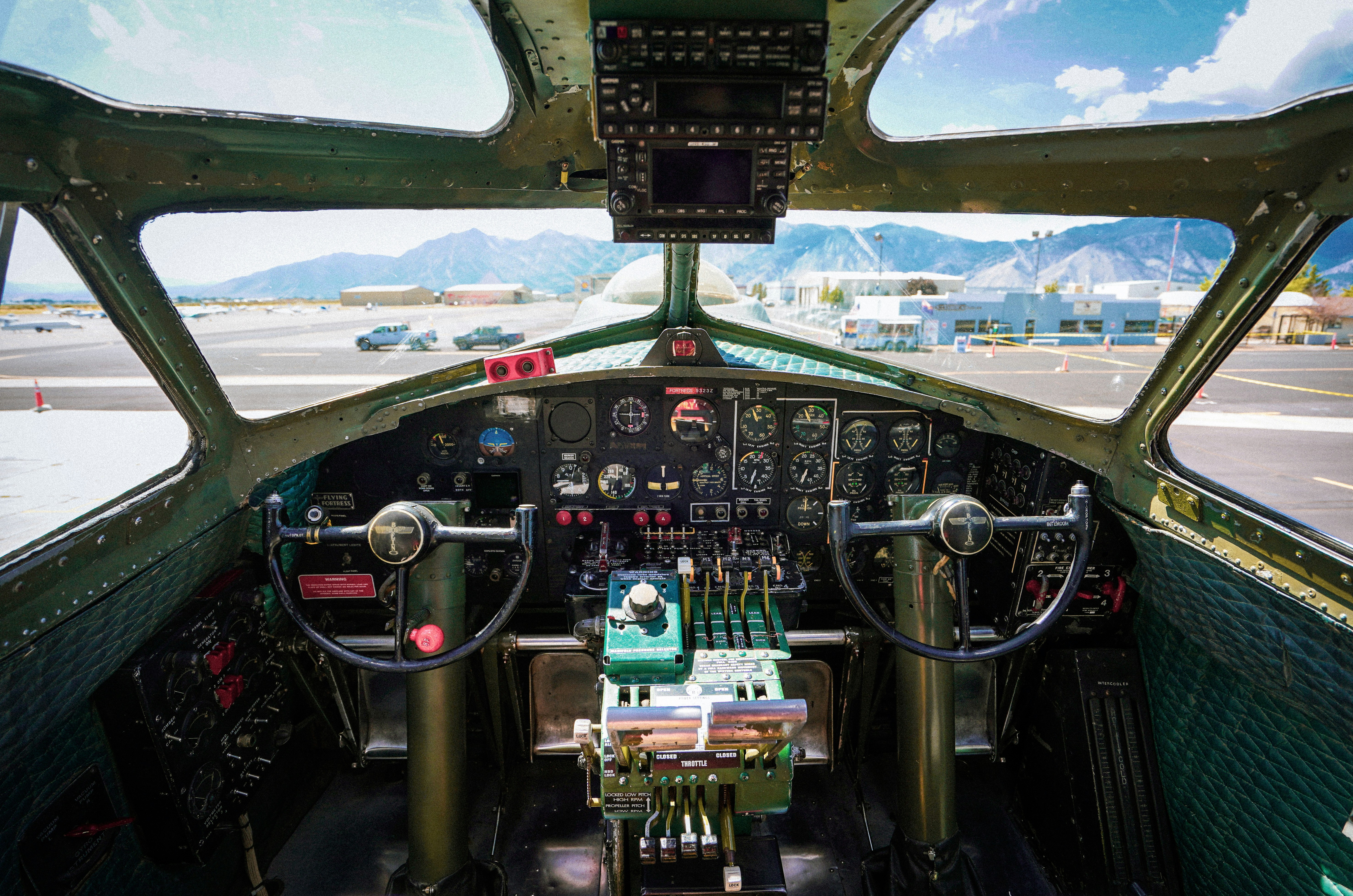 This is the B-17 Flying Fortress - a beastly warplane from Boeing used by America during WWII to protect the skies over Europe. This is the cockpit of a plane with 4 turboprop engines.