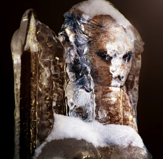 A detailed sculpture of a face partially encased in ice, showing intricate features like deep-set eyes. The sculpture is dusted with snow, adding a cold and frozen texture to its surface. The ice surrounding it is clear in places, revealing the underlying details.
