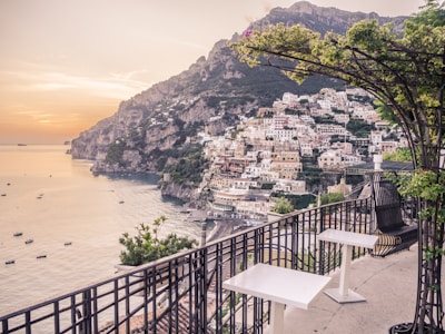 A panoramic view of the Ligurian coastline at sunset, seen from the restaurant’s terrace.