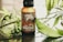 A brown bottle labeled 'Koi Naturals 2000' sits on a reflective surface surrounded by green leaves. The label features a white koi fish graphic and bold text.