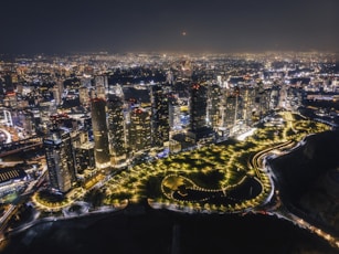 aerial view of city buildings during night time