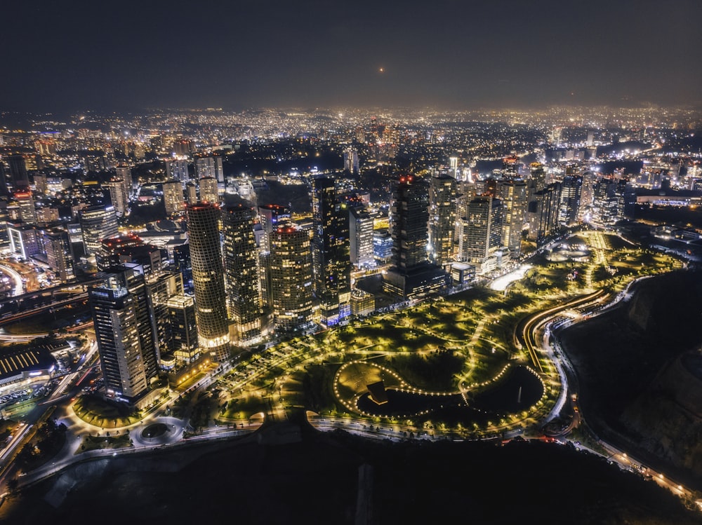 aerial view of city buildings during night time