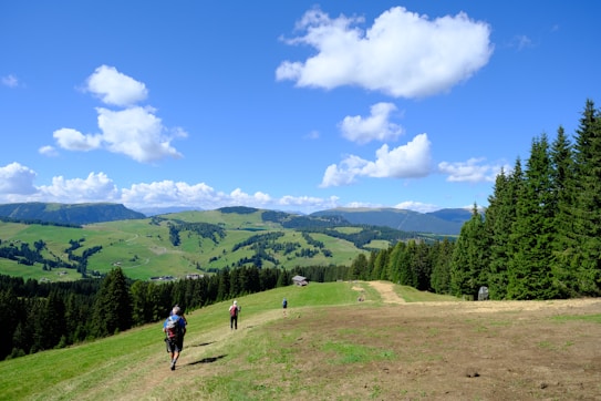 A lush, green landscape features rolling hills under a bright blue sky with scattered white clouds. In the foreground, several hikers are walking along a dirt path surrounded by fields and tall evergreen trees.
