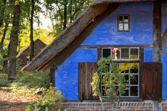 A freshly painted cozy blue cottage with white trim glowing under a sunny sky.