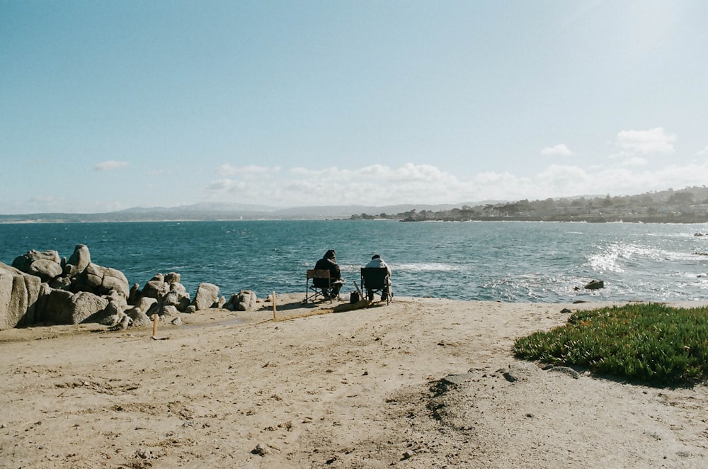 낮에 해변 의자에 앉아있는 사람들
