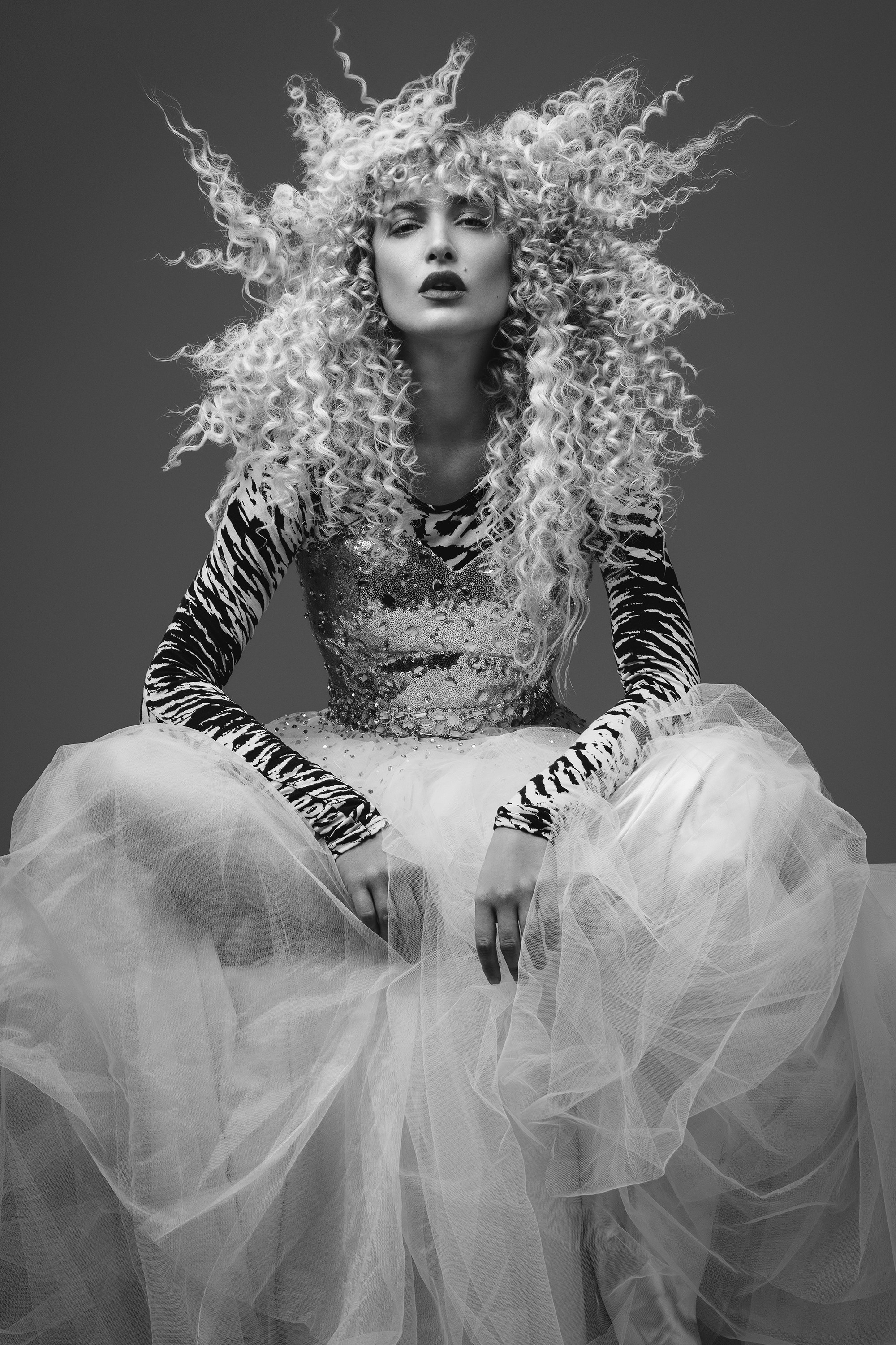 great photo recipe,how to photograph hair by carolyn jayun gahan model @george__bones makeup @rebeccarichards , photo by ben scott @benscottphotographer.   please tag the team involved if you used this image.; woman in black and white long sleeve dress