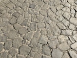 A close-up view of a cobblestone pavement with irregularly shaped stones placed together. The stones are mostly gray in color and are tightly fitted, with visible grout lines in between. Some stones show slight variations in color, from dark gray to lighter shades.