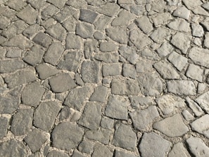 A close-up view of a cobblestone pavement with irregularly shaped stones placed together. The stones are mostly gray in color and are tightly fitted, with visible grout lines in between. Some stones show slight variations in color, from dark gray to lighter shades.