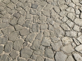 A close-up view of a cobblestone pavement with irregularly shaped stones placed together. The stones are mostly gray in color and are tightly fitted, with visible grout lines in between. Some stones show slight variations in color, from dark gray to lighter shades.