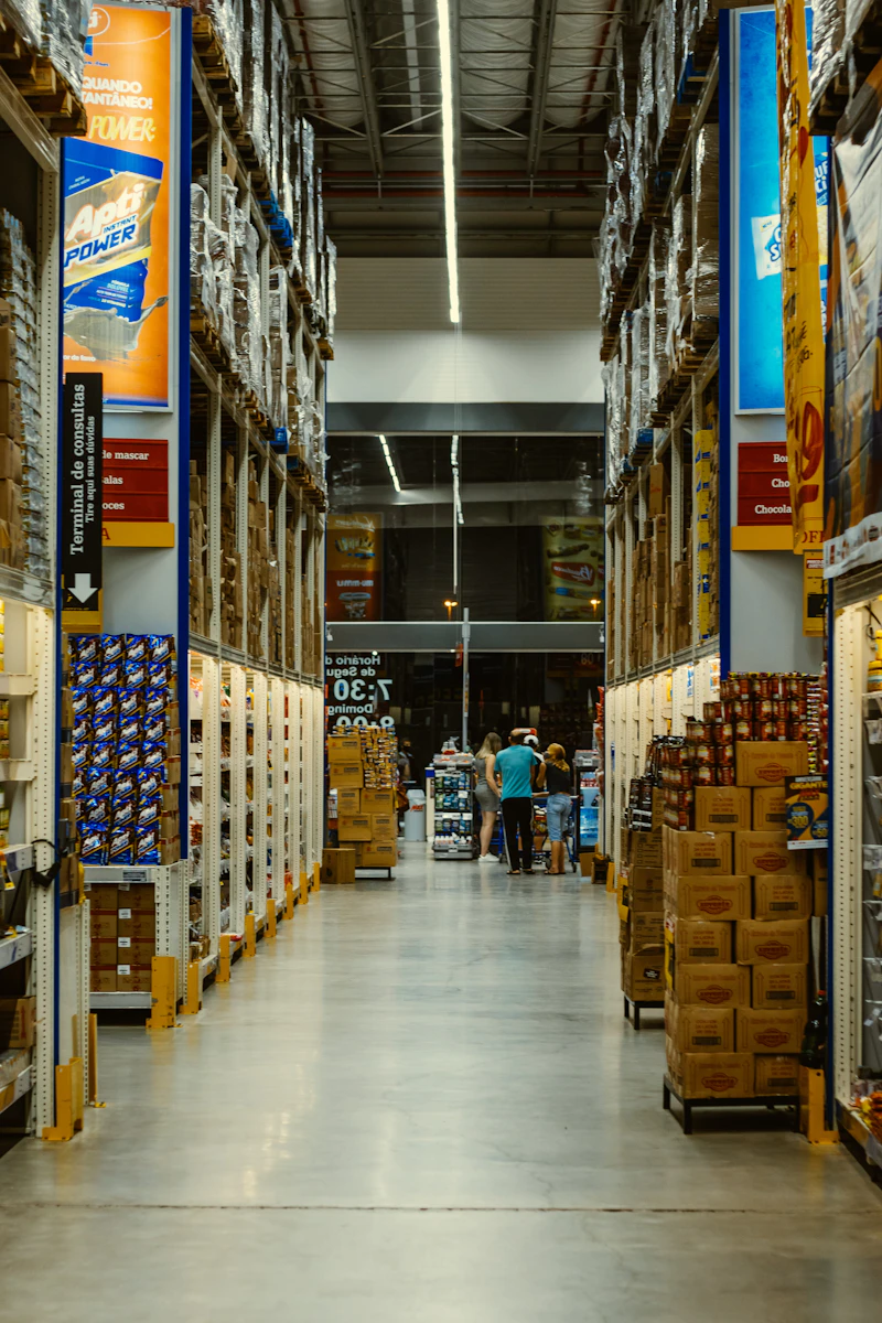 Allée d'entrepôt alimentaire avec palettes de produits