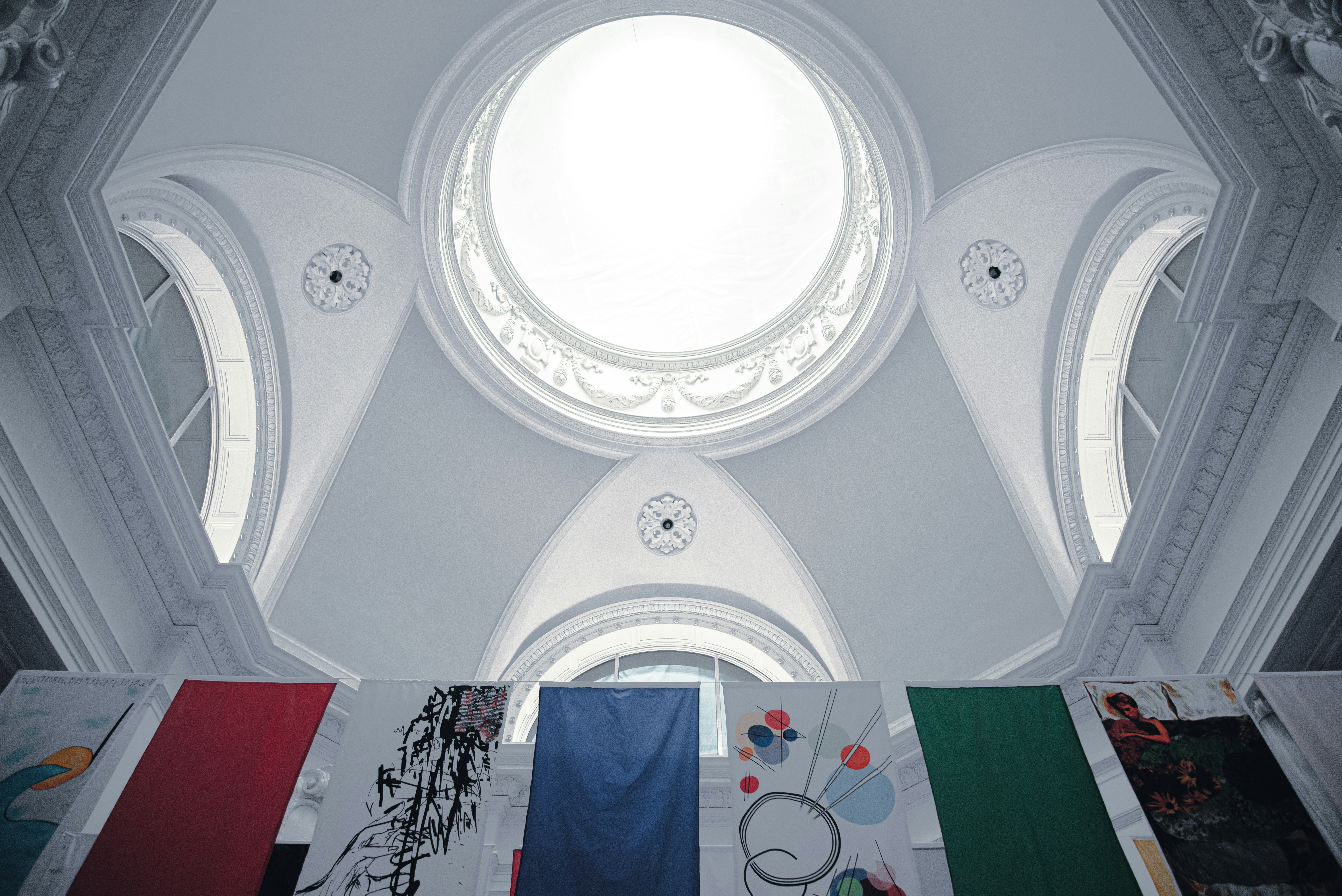 blue textile on white round plate