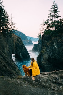 woman in yellow jacket sitting on rock beside brown dog