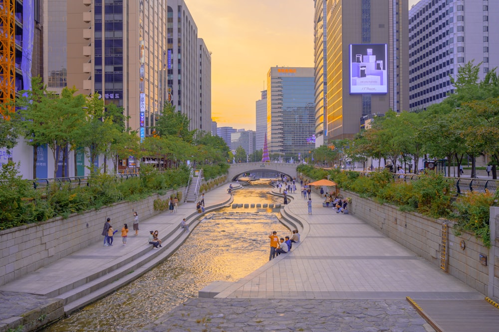 people walking on sidewalk near high rise buildings during daytime