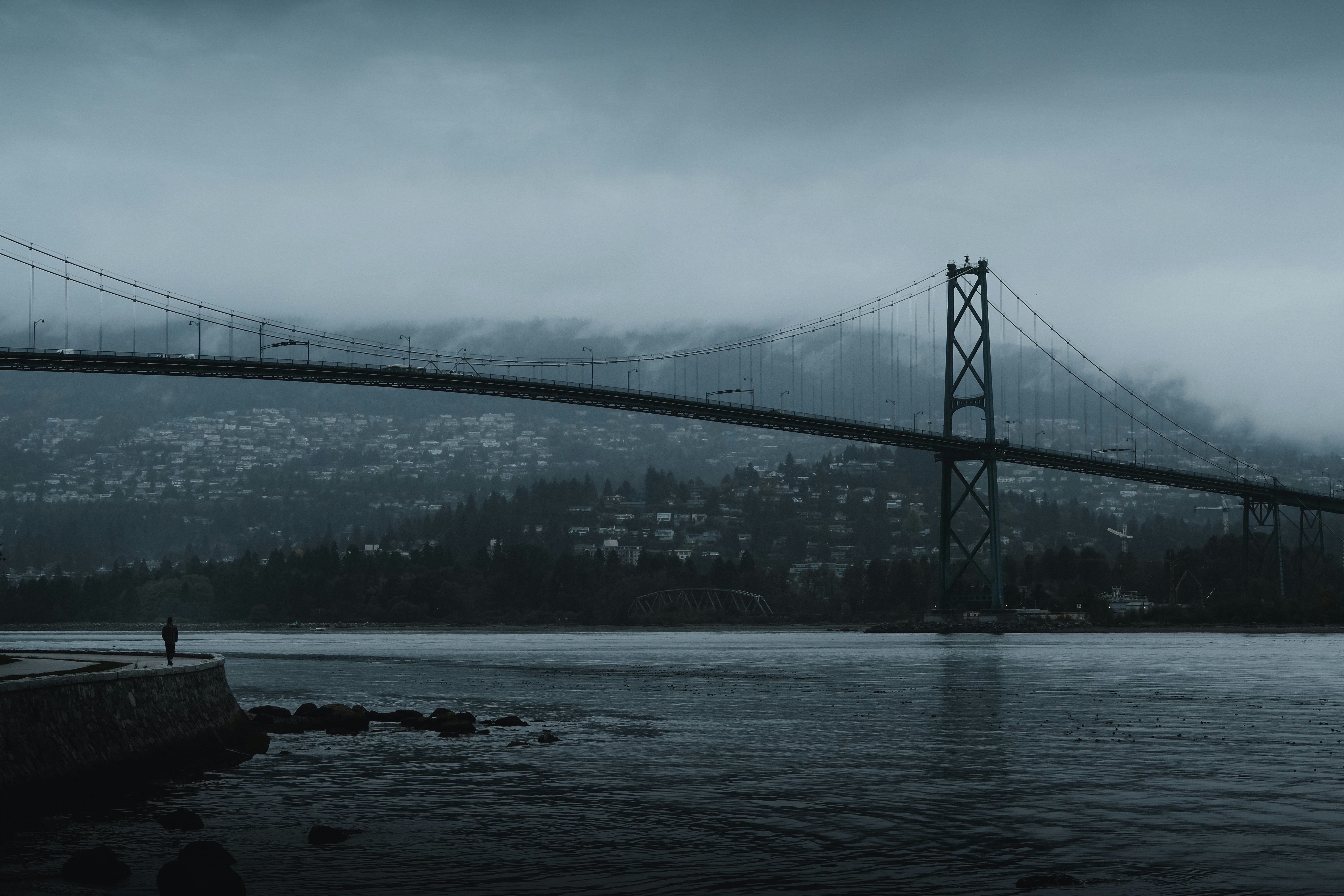 bridge over the sea under white sky