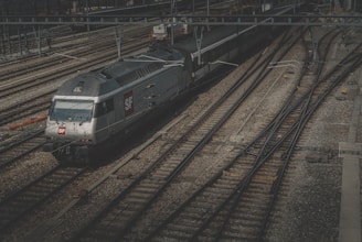 A sleek, modern train positioned on a network of railway tracks under an overcast sky. The train features a silver metallic exterior with SF logos, surrounded by multiple branching tracks that create a complex pattern. Overhead wires and signals are visible, contributing to the industrial setting.