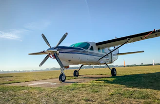 blue and white airplane on green grass field under blue sky during daytime