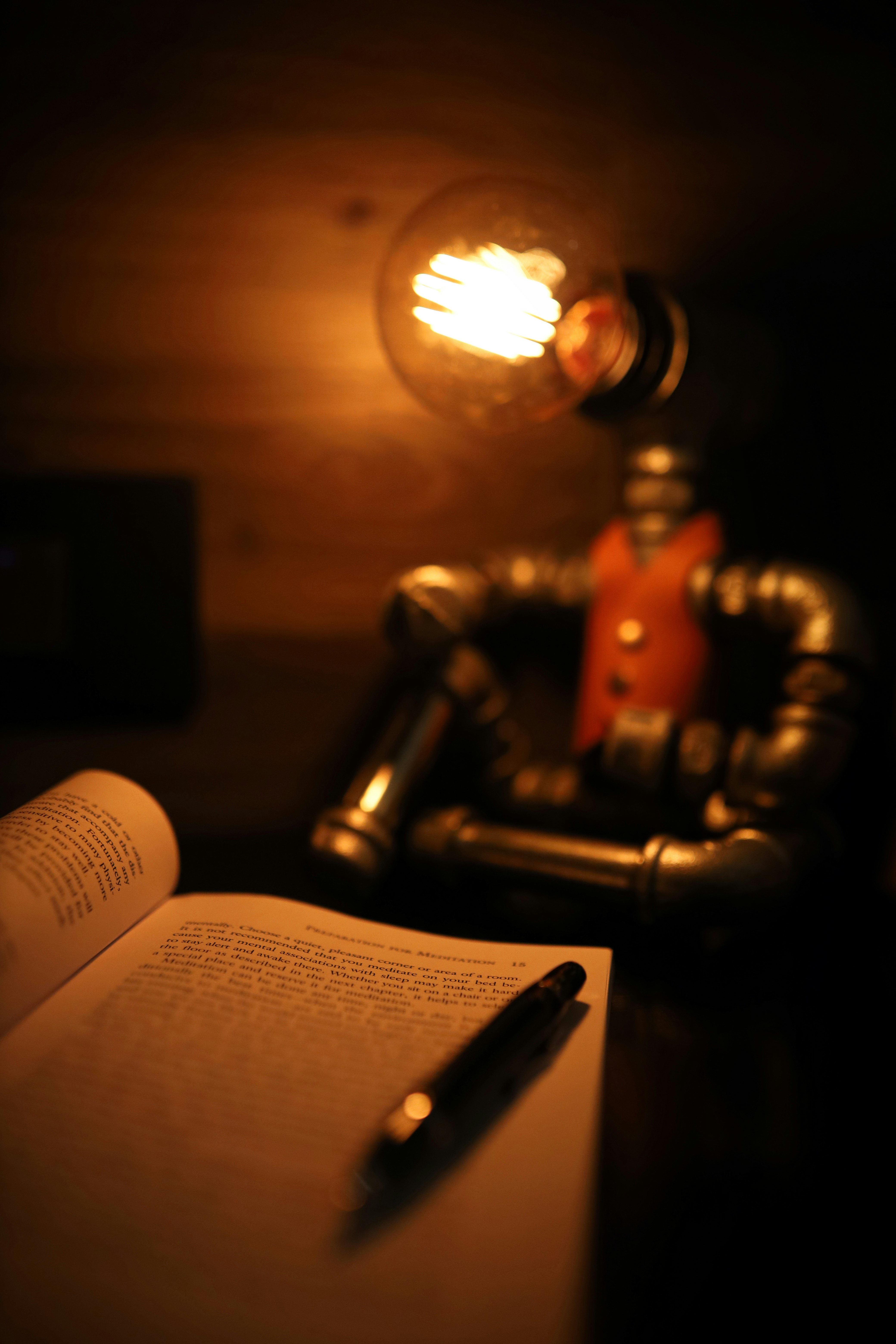 A black pen rests on the pages of an open book.
