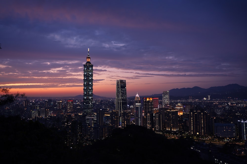 city skyline during night time