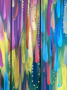 Physical art piece featuring bold brush strokes and vivid colors inspired by Japanese culture