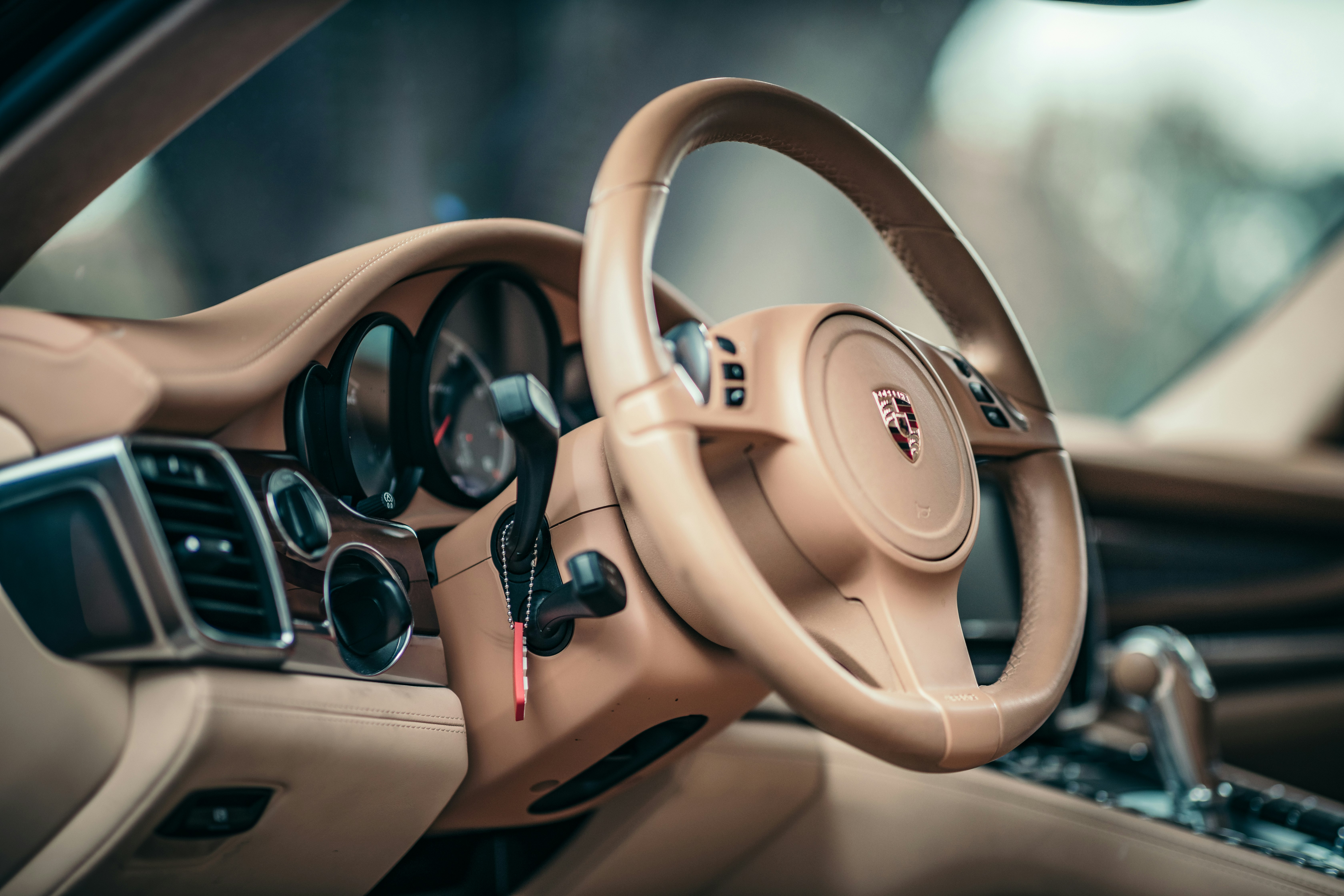 brown and black steering wheel