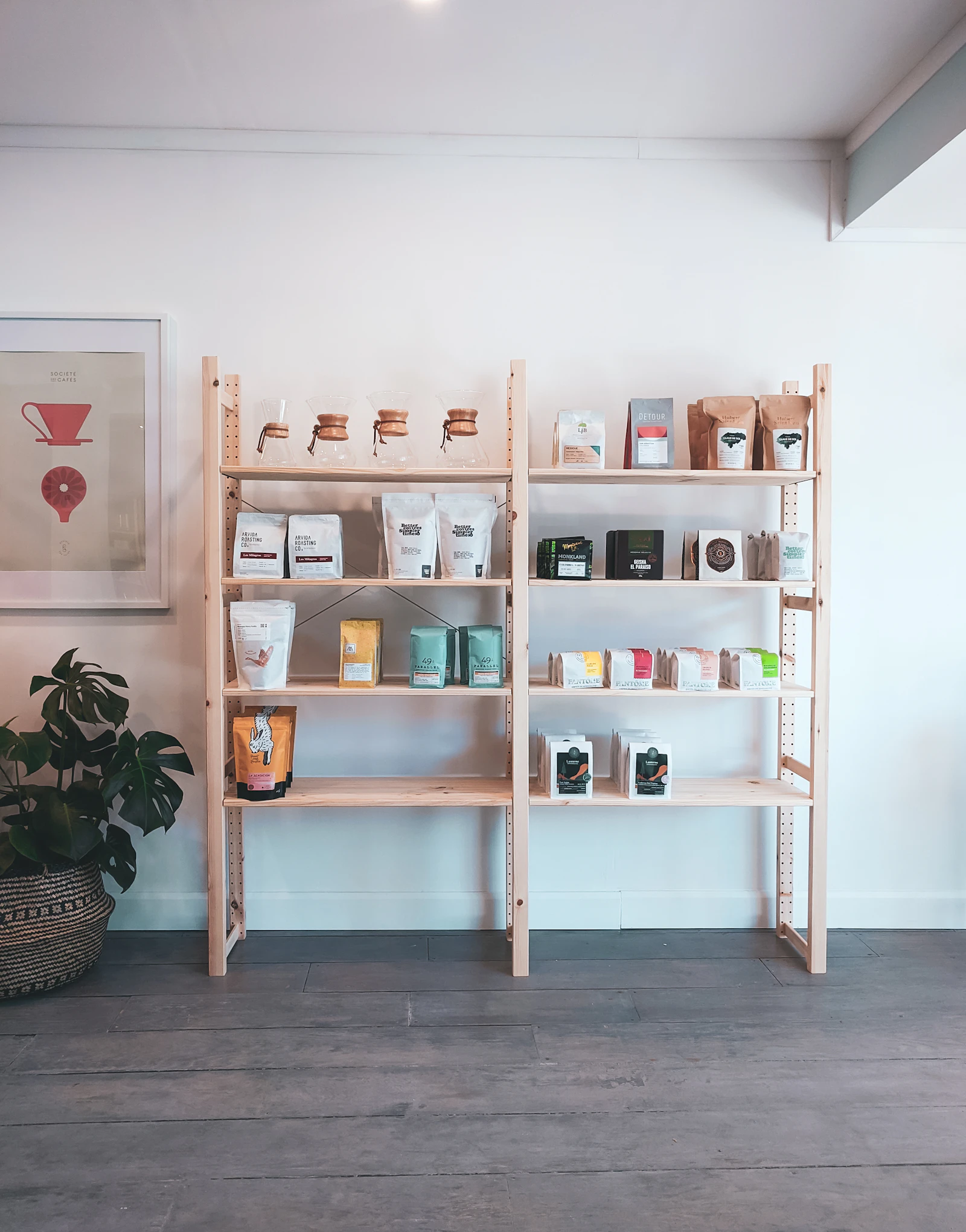 A shop with wooden display shelving