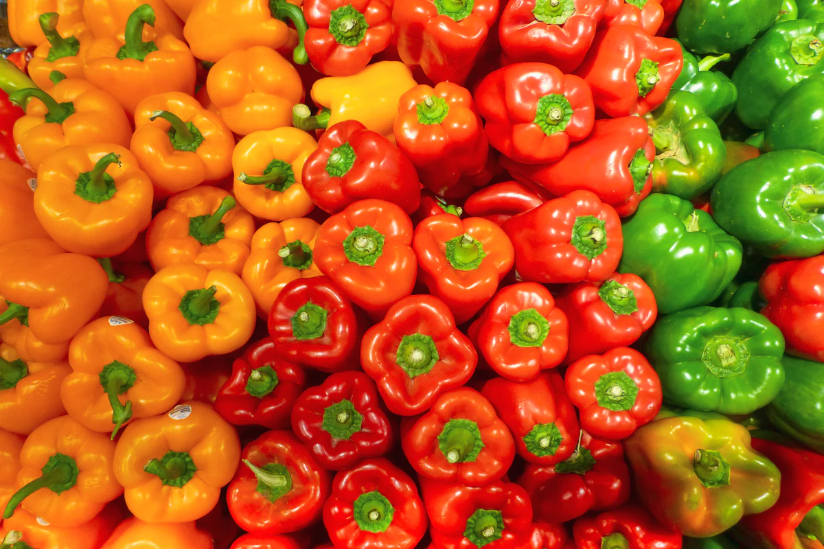 Orange, red and green bell peppers stacked at a market, photo by Nick Fewings