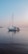 A small sailboat is gently moving across a calm body of water during what appears to be either sunrise or sunset. The sky is a gradient of soft blues and pinks, reflecting peacefully on the water's surface. A couple of people can be seen on the boat, involved in operating it.