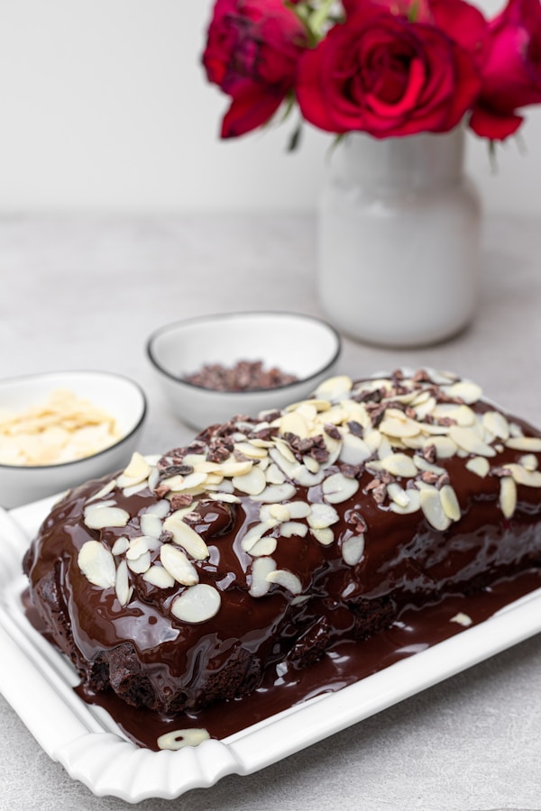 Chocolate cake on white ceramic plate