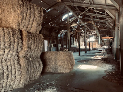 Bags of rich, organic fertilizer stacked in a sunlit barn.