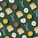 A patterned arrangement of breakfast items including slices of toast with butter, fried eggs, glasses of orange juice, iced coffee, and striped straws spread across a dark green background.