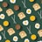 A patterned arrangement of breakfast items including slices of toast with butter, fried eggs, glasses of orange juice, iced coffee, and striped straws spread across a dark green background.