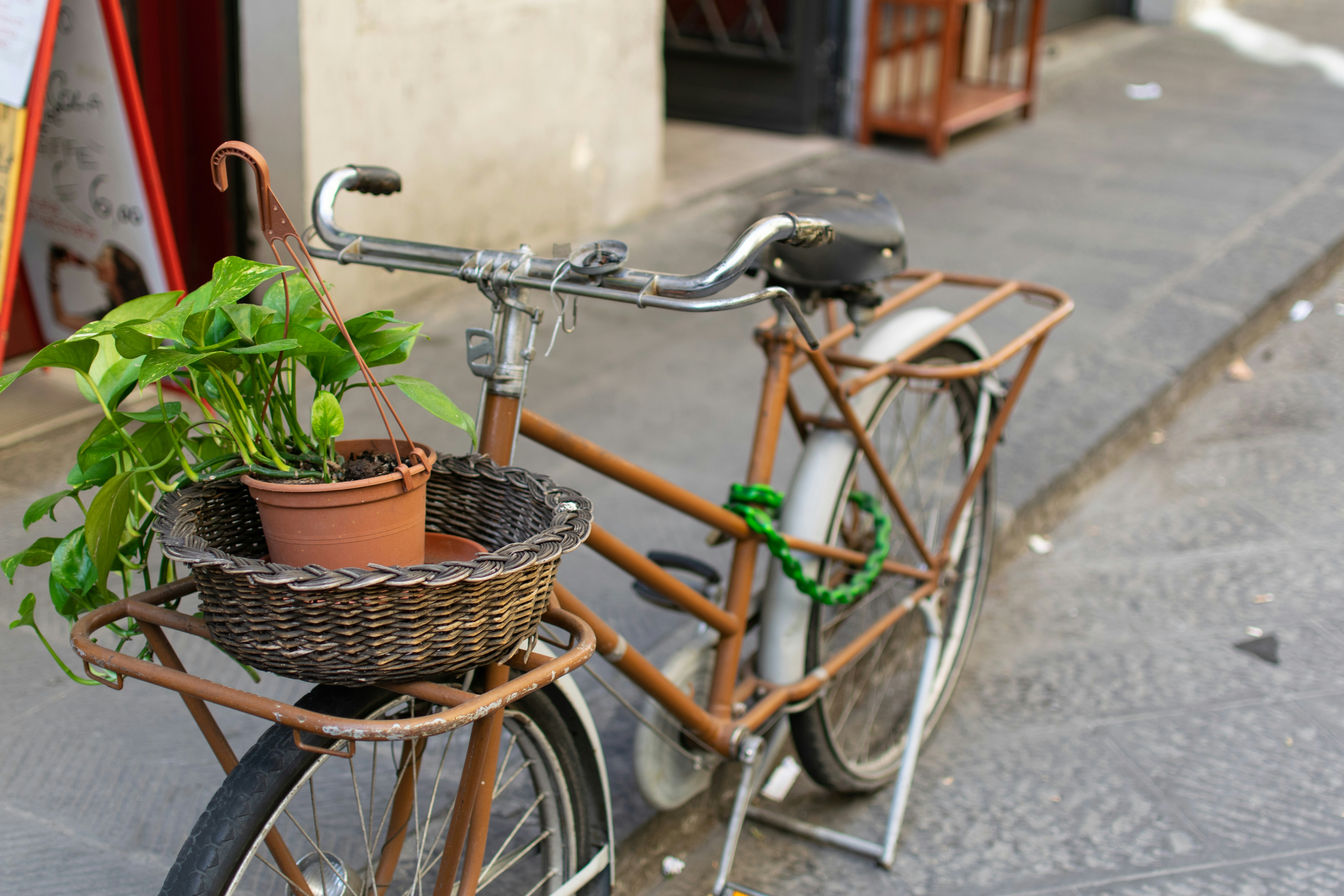 Brown city bike with basket on top