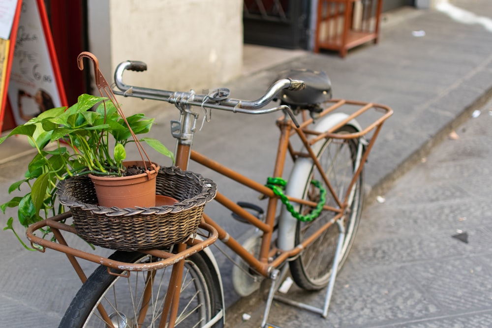 brown city bike with basket on top