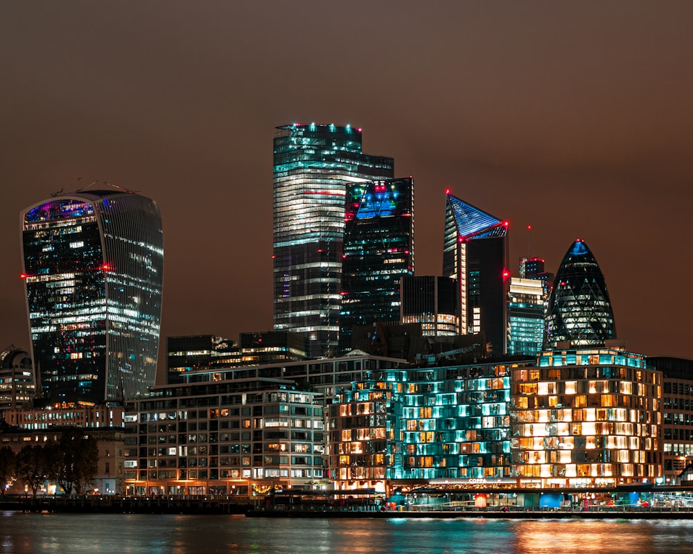 city skyline during night time