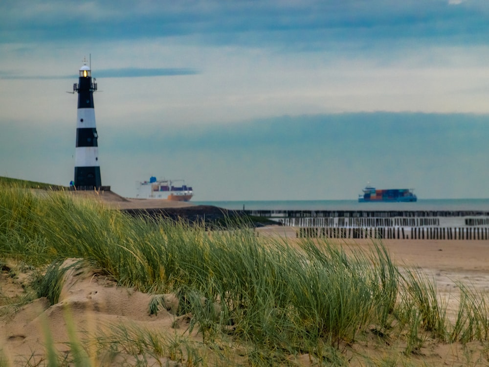 white and black lighthouse near body of water during daytime