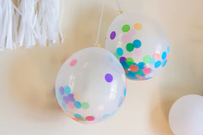 blue pink and yellow balloons