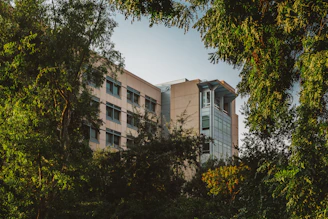 A modern eco-friendly building surrounded by green trees under a clear sky.
