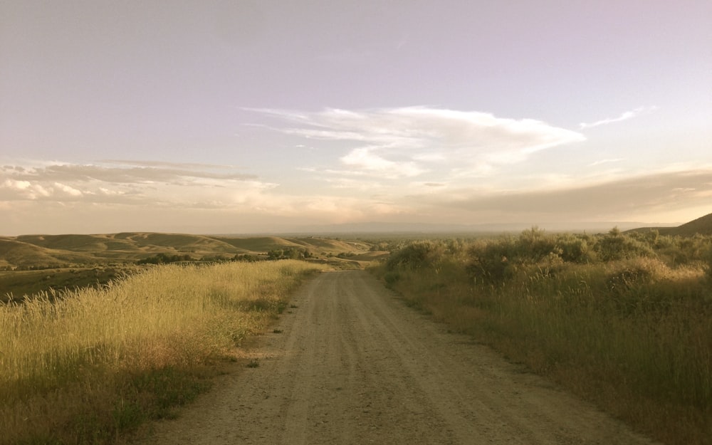 Camino de tierra marrón entre campo de hierba verde bajo nubes blancas y cielo azul durante el día