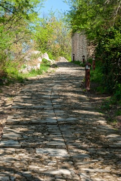 Stone pathway highlighted by low-profile LED fixtures at night.