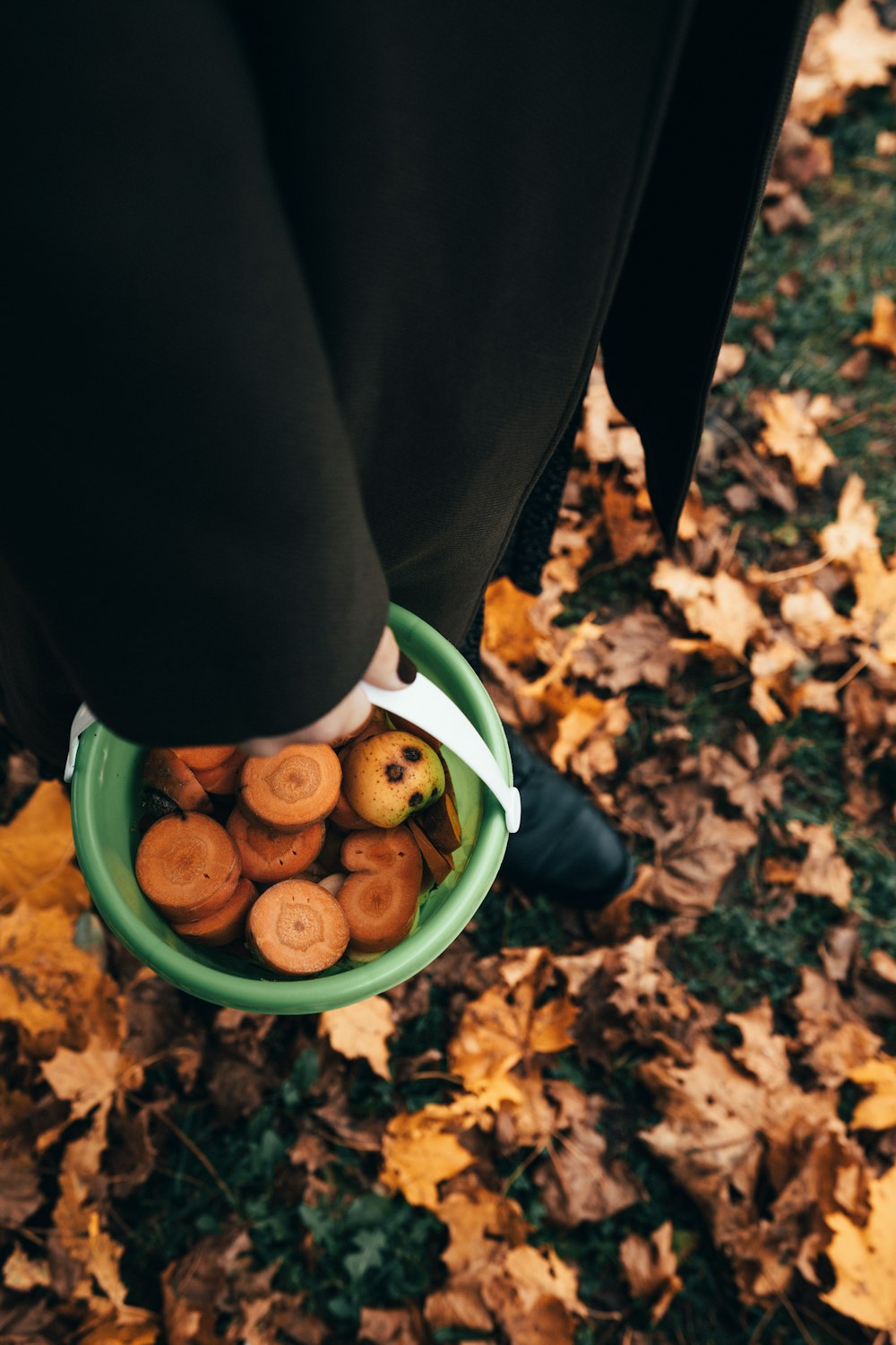 person in black long sleeve shirt holding green plastic bowl with fruits