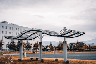 Wide shot of a contemporary metal structure supporting a wooden canopy outdoors.