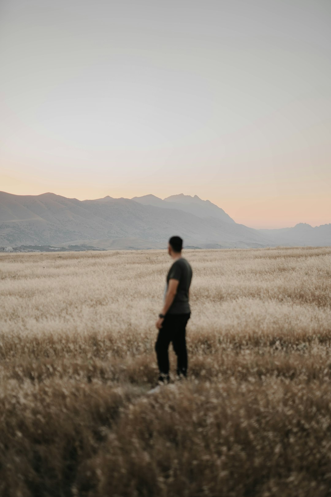 man in gray shirt standing on brown grass field during daytime